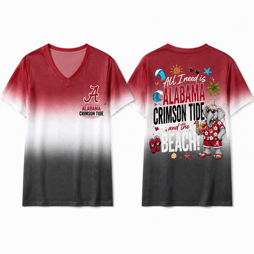 Alabama Crimson Tide NCAA Tropical Beach Vibes All Over Print Unisex V Neck T Shirt