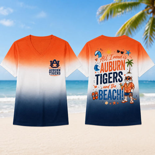 Auburn Tigers NCAA Tropical Beach Vibes All Over Print Unisex V Neck T Shirt