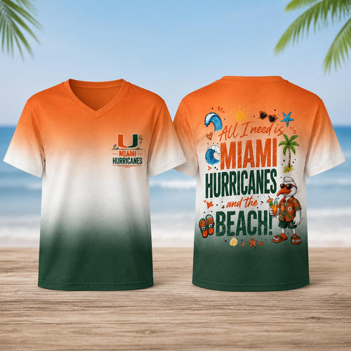 Miami Hurricanes NCAA Tropical Beach Vibes All Over Print Unisex V Neck T Shirt
