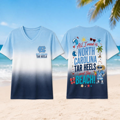 North Carolina Tar Heels NCAA Tropical Beach Vibes All Over Print Unisex V Neck T Shirt