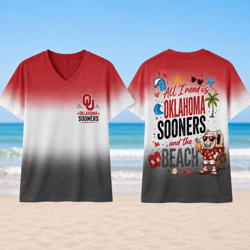 Oklahoma Sooners NCAA Tropical Beach Vibes All Over Print Unisex V Neck T Shirt