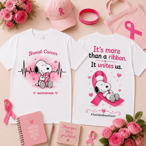 Snoopy Together in Pink Breast Cancer Awareness Ribbon, Heartbeat & Unity Front and Back T Shirt