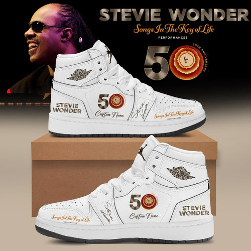 Stevie Wonder Songs in the Key of Life Performances 50th Anniversary Signed White Air Jordan 1 Shoes, Music Air Jordan 1 Shoes