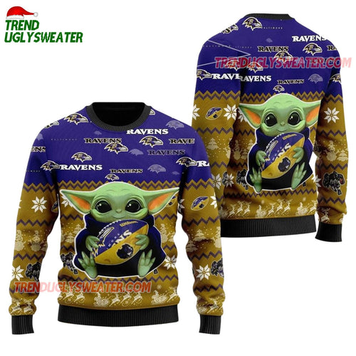 Baltimore Ravens Baby Yoda Hug The Ball Christmas Ugly Sweater