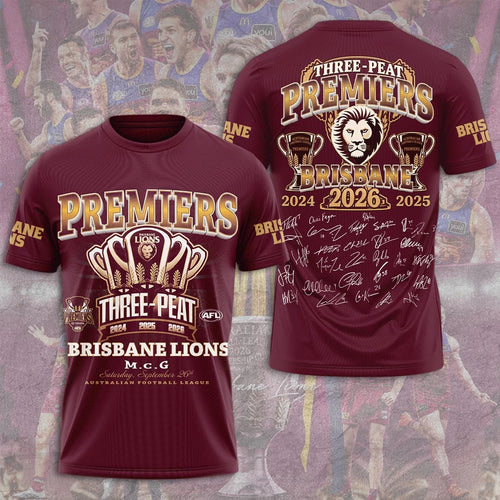 Brisbane Lions Threepeat Premiers 3D Apparel – TMTHU9598