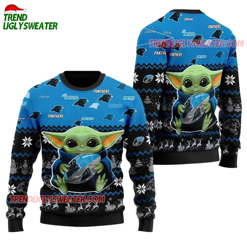 Carolina Panthers Baby Yoda Hug The Ball Christmas Ugly Sweater