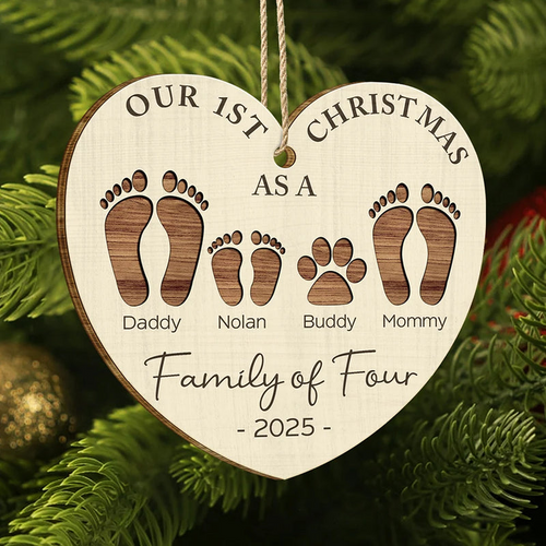 First Christmas As A Family Of Four Footprints - Personalized Wood Ornament - Babies 1st Christmas Gifts