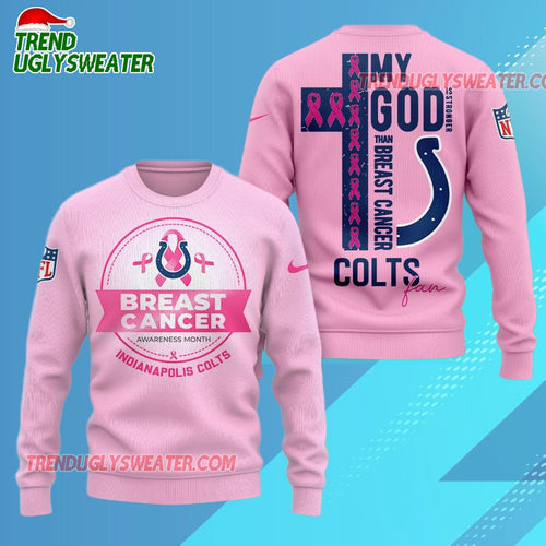 Indianapolis Colts 2025 NFL My God Is Stronger Than Breast Cancer Chritmas Sweater