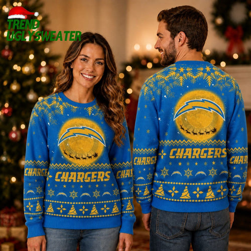 Los Angeles Chargers Golden Football Santa Sleigh Ugly Christmas Sweater