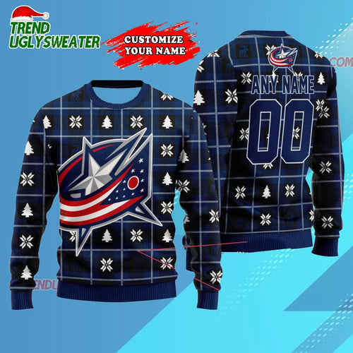 NHL Columbus Blue Jackets Personalized Snow Tree Ugly Christmas Sweater