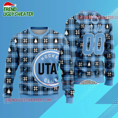 NHL Utah Hockey Club Custom Name And Number Snow Tree Ugly Christmas Ugly Sweater