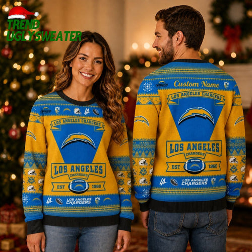 Personalized Los Angeles Chargers Established 1960 Custom Name Ugly Christmas Sweater