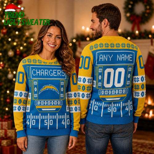 Personalized Los Angeles Chargers Football Scoreboard Custom Name and Number Ugly Christmas Sweater