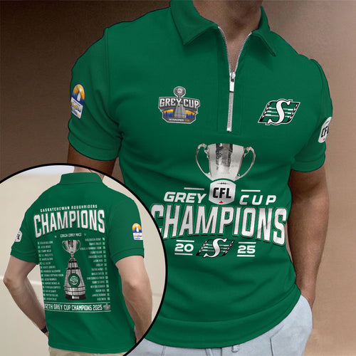 Saskatchewan Roughriders 2025 Grey Cup Champions Zip Polo Shirt – GNENEW762