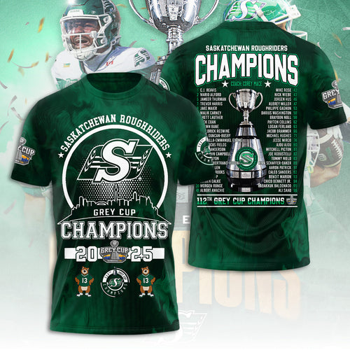 Saskatchewan Roughriders 2025 Grey Cup Champions 3D Apparel – TANTN18833