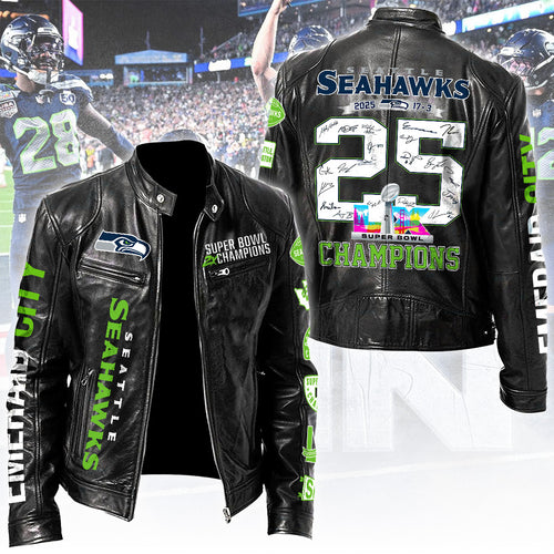 Seattle Seahawks 2025 Super Bowl LX Champions Motorcycle Leather Jacket – TANTN21082