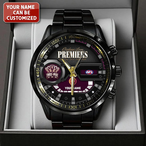 Personalized Brisbane Lions 2026 AFL Premiers Black Stainless Steel Watch – TANTN25850