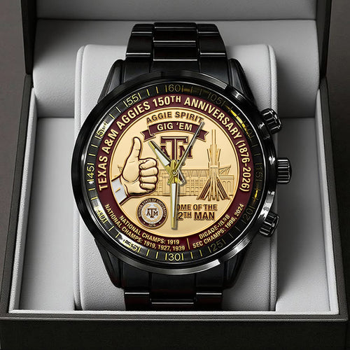 Texas A&M Aggies Football 150th Anniversary 2026 Black Stainless Steel Watch – TANTN21315