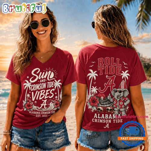 Alabama Crimson Tide NCAA Sunset and Beach Vibes V neck T Shirt