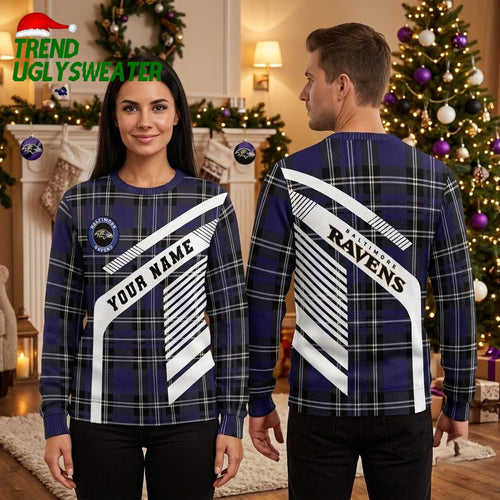 Baltimore Ravens Custom Name Plaid Sash Ugly Christmas Sweater