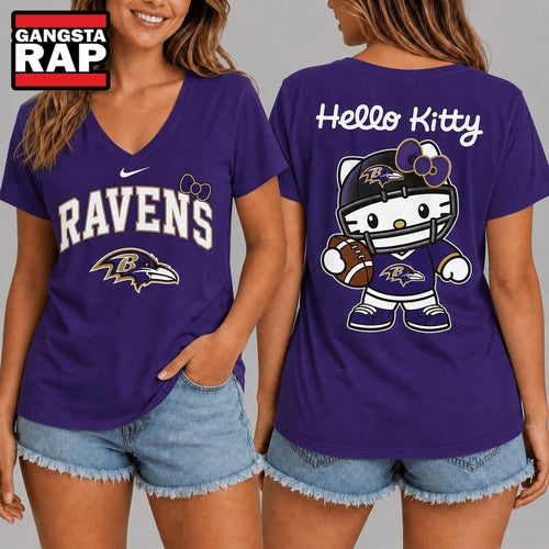 Baltimore Ravens NFL Hello Kitty Football V Neck T Shirt
