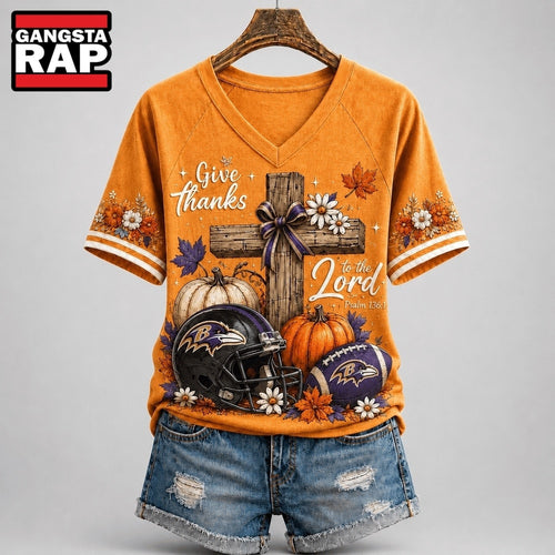 Baltimore Ravens NFL Thanksgiving Faith And Football V Neck T Shirt