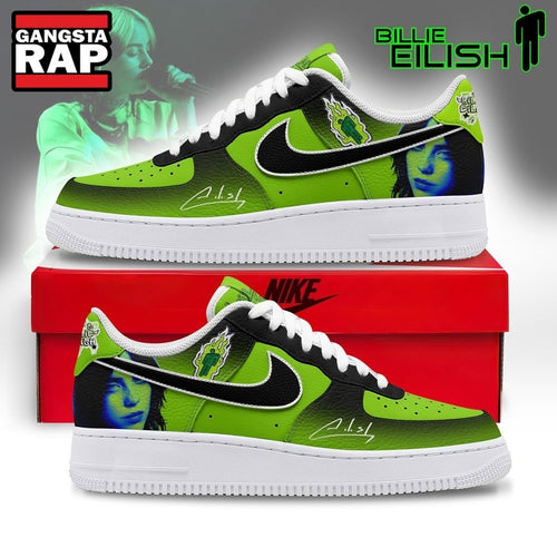 Billie Eilish Lime Green & Black Graphic Custom Air Force 1 Shoes, Music Air Force 1 Shoes