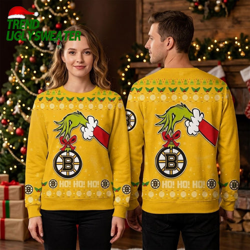 Boston Bruins Grinch Hand Ho Ho Ho Ugly Christmas Sweater