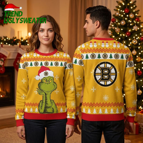 Boston Bruins Grinch Santa Hat Gold Ugly Christmas Sweater