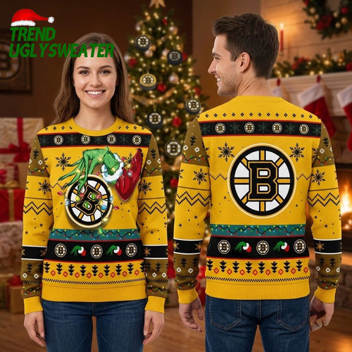 Boston Bruins Grinch Tangled In Christmas Lights Ugly Christmas Sweater
