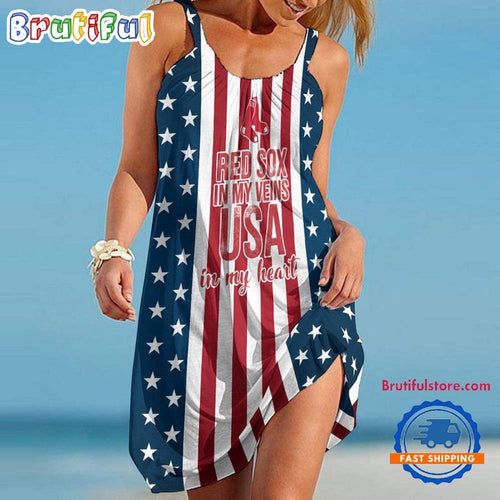 Boston Red Sox In My Veins USA In My Heart Independence Day Women’s Summer Beach Sling Dress