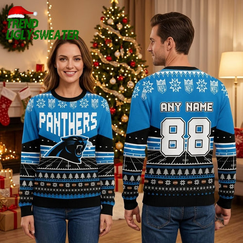 Carolina Panthers Custom Name And Number Football Field Holiday Gift For Panthers Fans Ugly Christmas Sweater