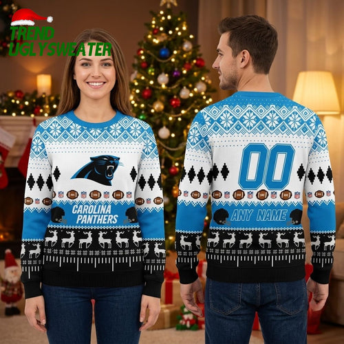 Carolina Panthers Custom Name And Number Football Field Ugly Christmas Sweater