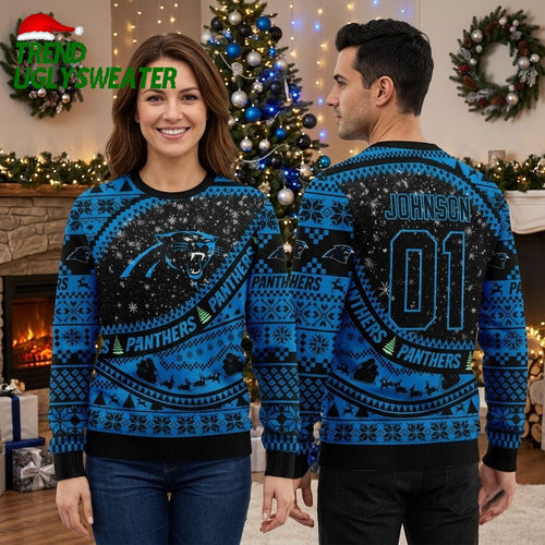 Carolina Panthers Custom Name Number 01 Logo Ugly Christmas Sweater