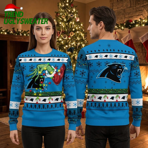 Carolina Panthers Grinch Holding Football , Game Day Gift For Fans Ugly Christmas Sweater