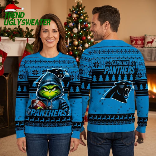 Carolina Panthers Grinch Holding Football Ugly Christmas Sweater