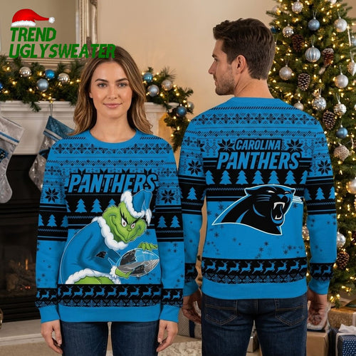 Carolina Panthers Grinch Playing Football Ugly Christmas Sweater