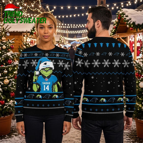 Carolina Panthers Grinch Sarah 14 Football Jersey Ugly Christmas Sweater