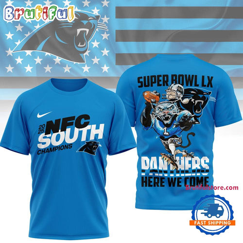 Carolina Panthers NFL 2025 Division Champions 3D Shirt, Super Bowl LX Panthers Here We Come Shirt