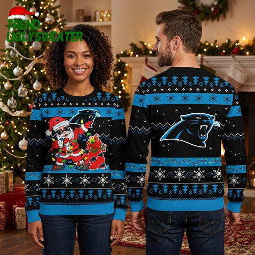 Carolina Panthers Santa Claus And Panther Mascot Ugly Christmas Sweater