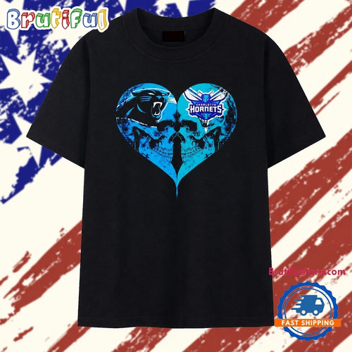 Charlotte Hornets x Carolina Panthers skulls face to face heart shape distressed T Shirt