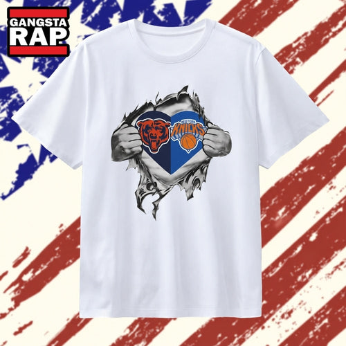 Chicago Bears and New York Knicks Heart Logo T Shirt
