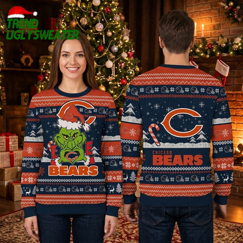 Chicago Bears Grinch Santa Hat Logo Ugly Christmas Sweater