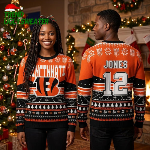 Cincinnati Bengals Football Field Custom Name And Number Ugly Christmas Sweater