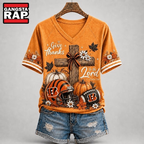 Cincinnati Bengals NFL Thanksgiving Faith And Football V Neck T Shirt