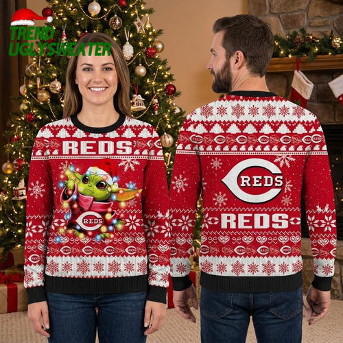 Cincinnati Reds Baby Yoda Wrapped In Christmas Lights Ugly Christmas Sweater