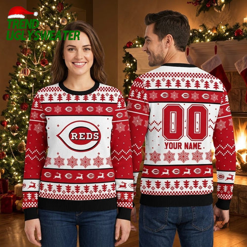 Cincinnati Reds Custom Name And Number Baseball Logo Ugly Christmas Sweater