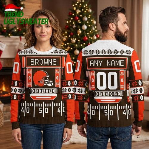 Cleveland Browns Football Field Custom Name And Number Ugly Christmas Sweater
