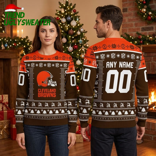 Cleveland Browns Football Helmet Custom Name And Number Ugly Christmas Sweater