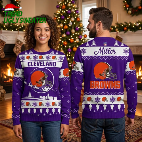 Cleveland Browns Football Helmet Snowflake Custom Name Ugly Christmas Sweater